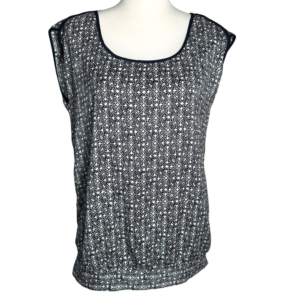 ANN TAYLOR Womens Small White Navy Floral Sleeveless Blouse Tunic Top Career New